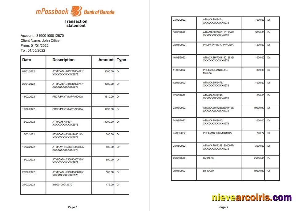 India Bank of Baroda mPassbook bank transaction statement, 4 pages